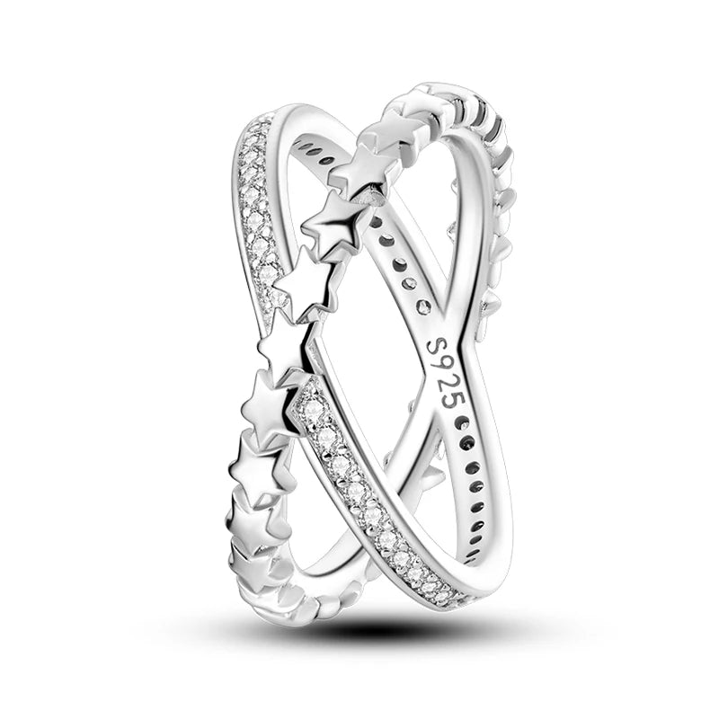 Women's 925 Sterling Silver Geometric Overlapping Zircon Classic Design Rings Anniversary Birthday Engagement Fine Jewelry