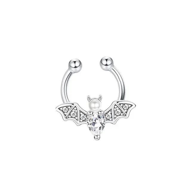 1/4PCS Crystal Bat Fake Nose Ring Septum Jewelry Stainless Steel Non Piercing Cuff Earring Rook Faux Clip on Hoop