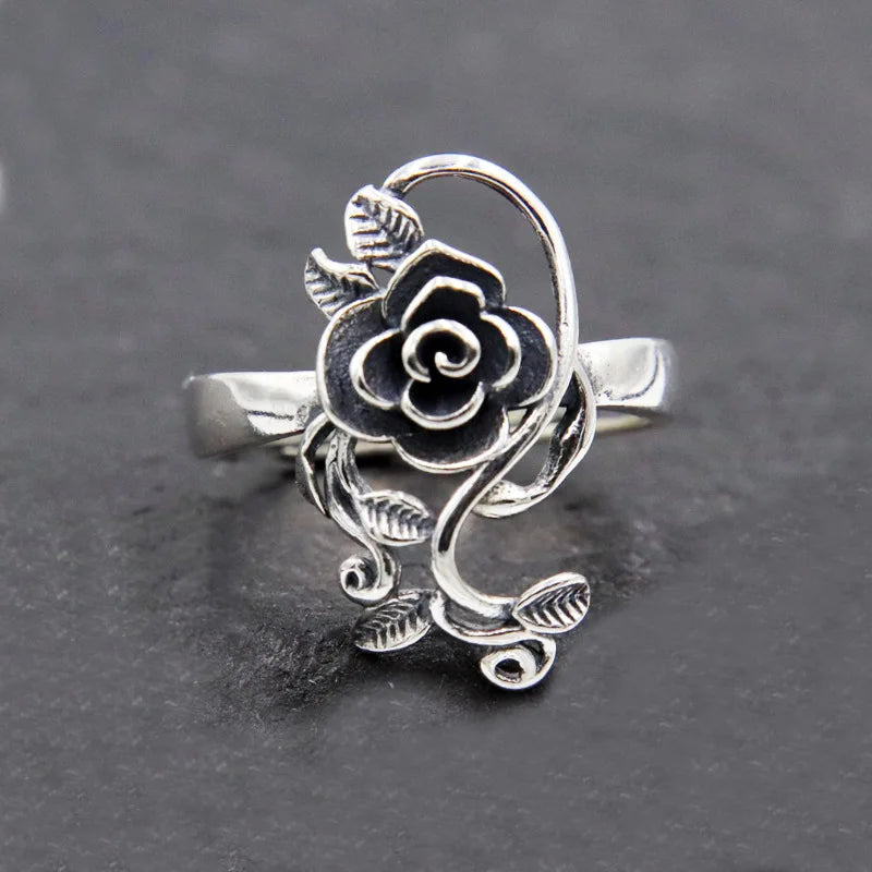 Buyee 925 Sterling Silver Big Flower Ring for Women Fashion Big Rose Open Adjustable Ethnic Jewelry Gift with Box