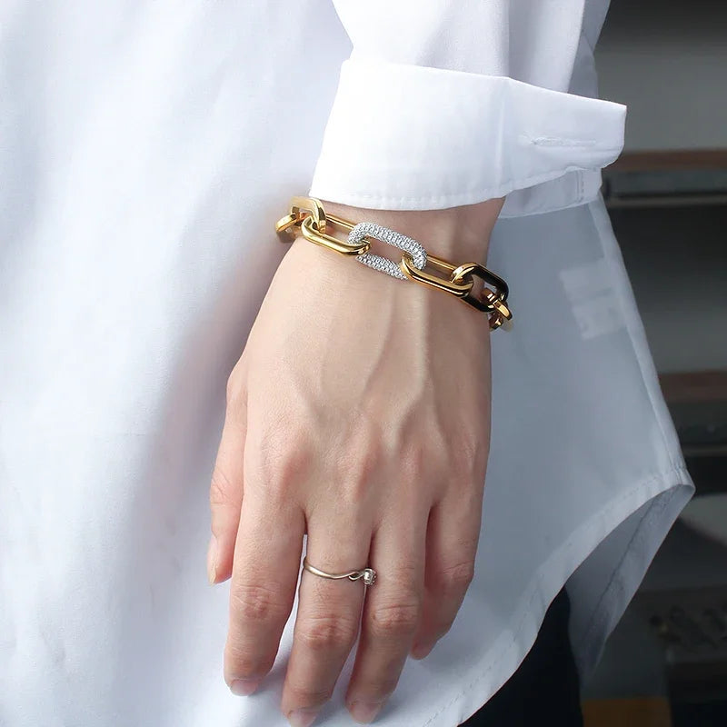 Fashion Women Big Chunky Bracelets Chains with Blink Rhinestones Link Gold Silver Color Surgical Stainless Steel Bracelets