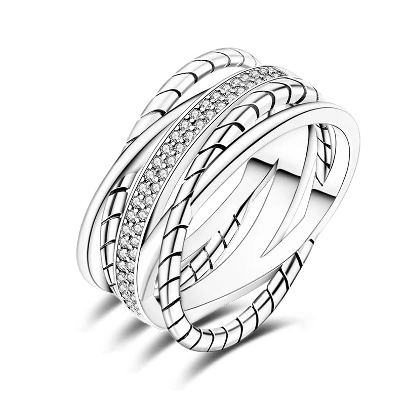 Women's 925 Sterling Silver Geometric Overlapping Zircon Classic Design Rings Anniversary Birthday Engagement Fine Jewelry