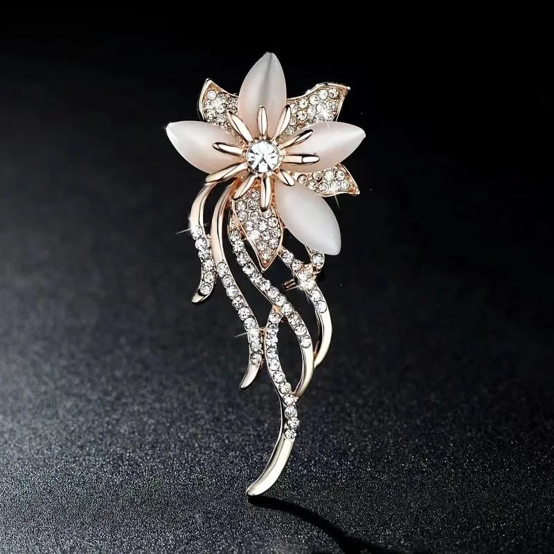 Elegant Pink Peony Brooches For Women Lady Flower Leaf CZ Zircon Pearl Pins Corsage Coat Suit Clothing Jewelry Gifts