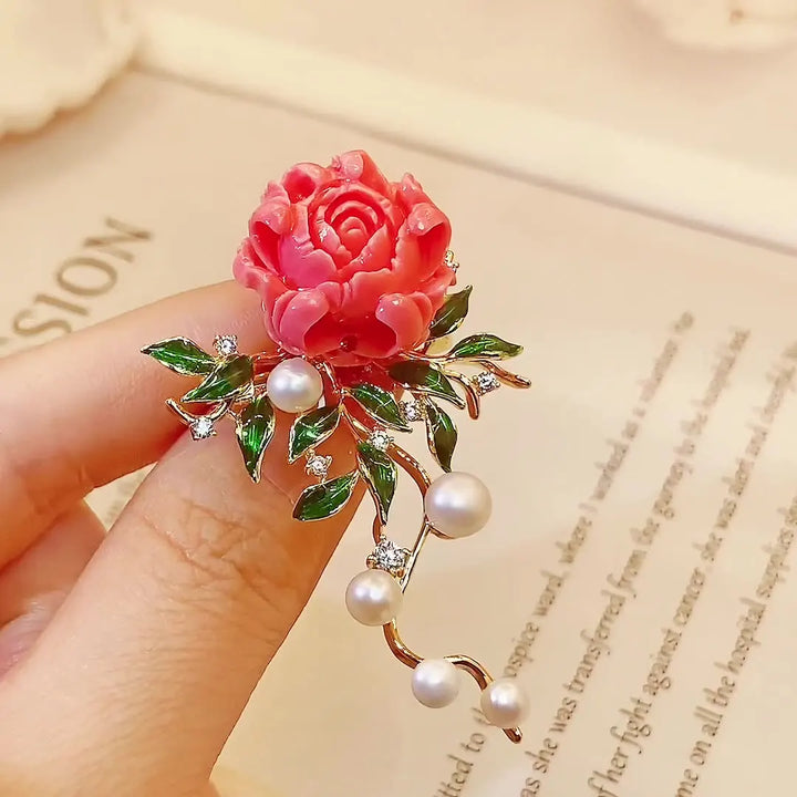 Elegant Pink Peony Brooches For Women Lady Flower Leaf CZ Zircon Pearl Pins Corsage Coat Suit Clothing Jewelry Gifts