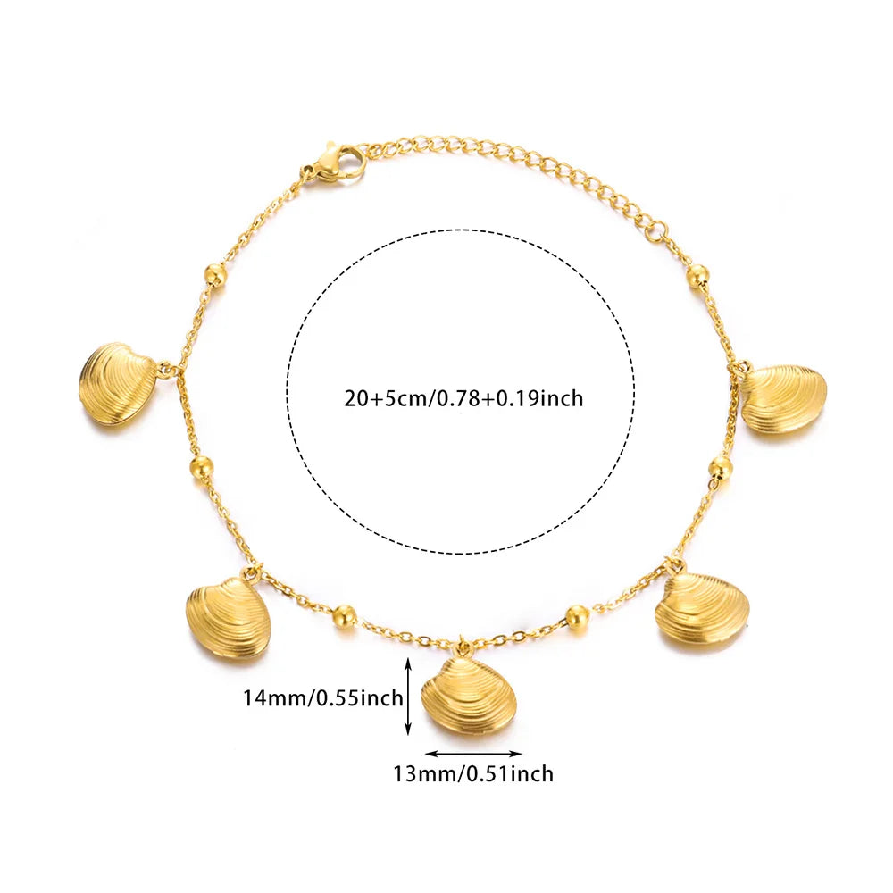 Gold Color Starfish Shell Fish Charm Anklet Link New Bead Chain Stainless Steel Bracelet Women On Foot Summer Waterproof Jewelry