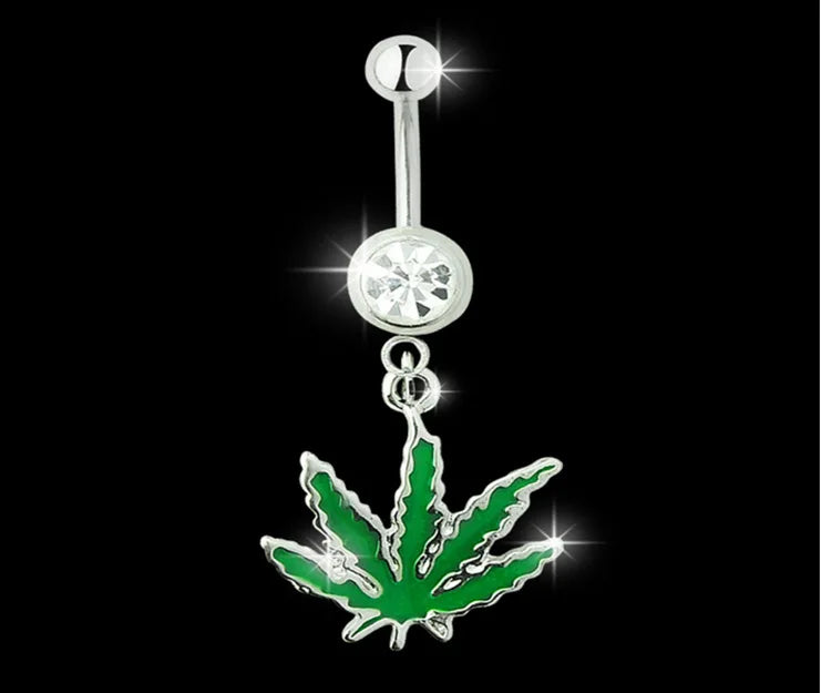1PC Green Maple Leaf Belly Navel Ring Leaves Weed Dangle Belly Button Piercing Jewelry Surgical Steel Barbell Botton Piercing