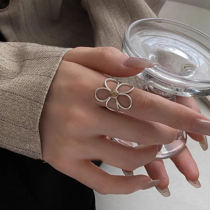 925 Sterling Silver Rings for Women Couple Minimalist Handmade Simple Big Flower Ring Party Jewelry Gift Prevent Allergy