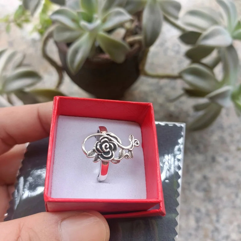Buyee 925 Sterling Silver Big Flower Ring for Women Fashion Big Rose Open Adjustable Ethnic Jewelry Gift with Box