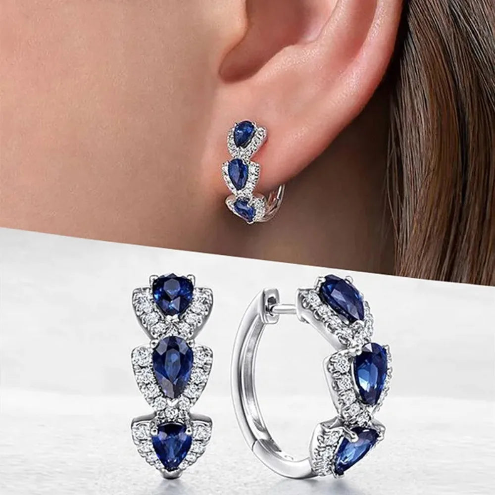 925 Sterling Silver Luxury Trendy Blue Cubic Zirconia Hoop Earrings Wedding Party Elegant Accessories for Women Jewelry Gift