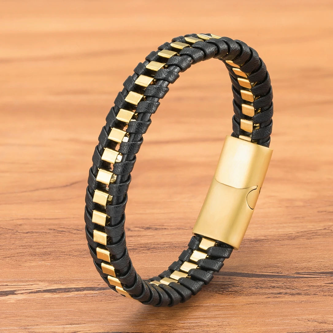 XQNI Stainless Steel Leather Bracelet For Mens Chain Charm Jewelry Magnetic Clasp Bangle for Dad Boyfriend Lover Birthday Gifts