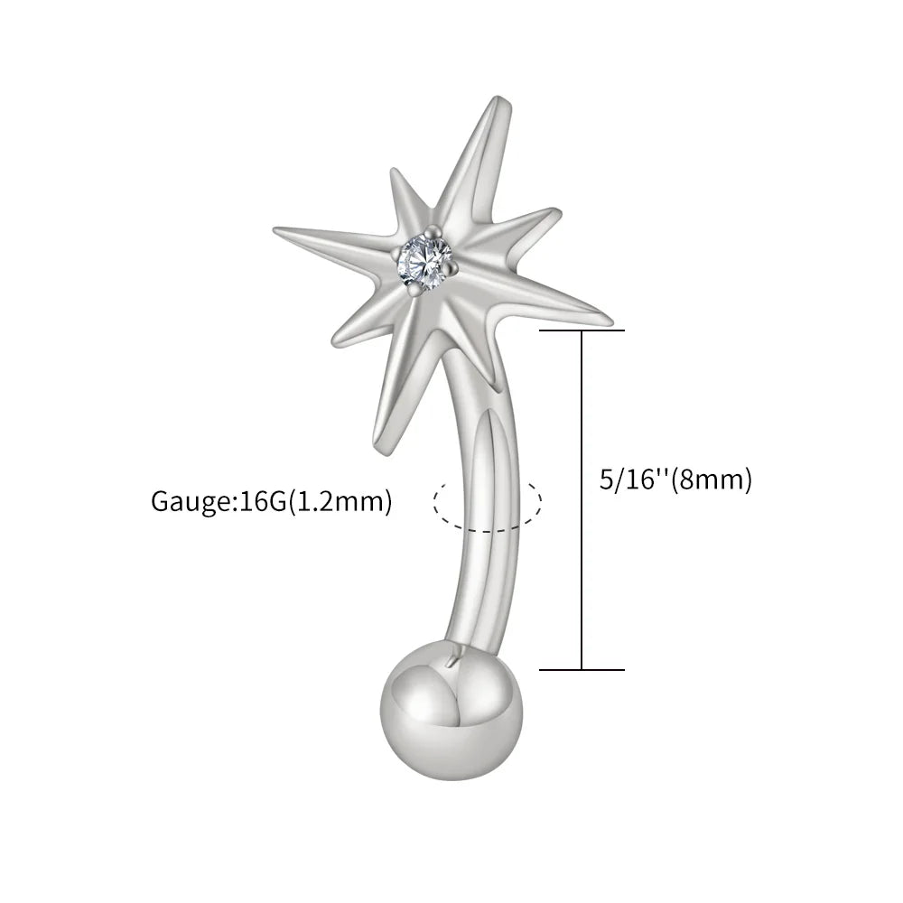 Right Grand ASTM F136 Titanium 16G CZ North Star Rook Earring 6mm 8mm Curved Barbell Eyebrow Cartilage Tragus Labret Piercing