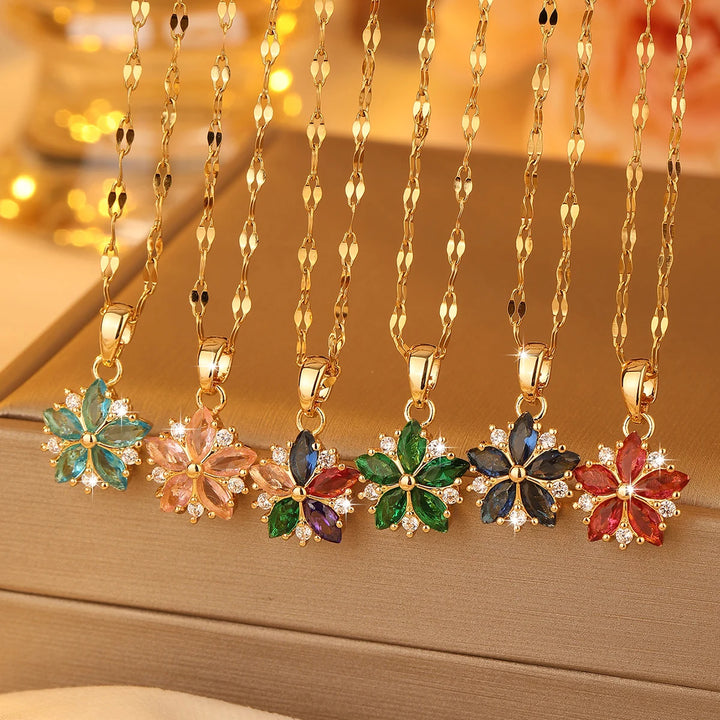 New Sweet Pink Cherry Blossoms Pendant Stainless Steel Necklaces For Women Korean Fashion Temperament Clavicle Chain Jewelry