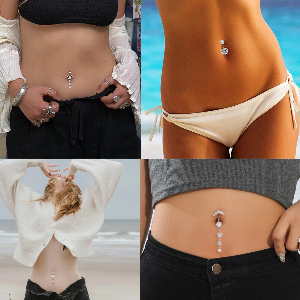 3-5pcs/Lot Belly Button Ring Sets Heart Butterfly Flower Dangled Belly Piercing Nombril 14G Curved Navel Rings Jewelry for Women