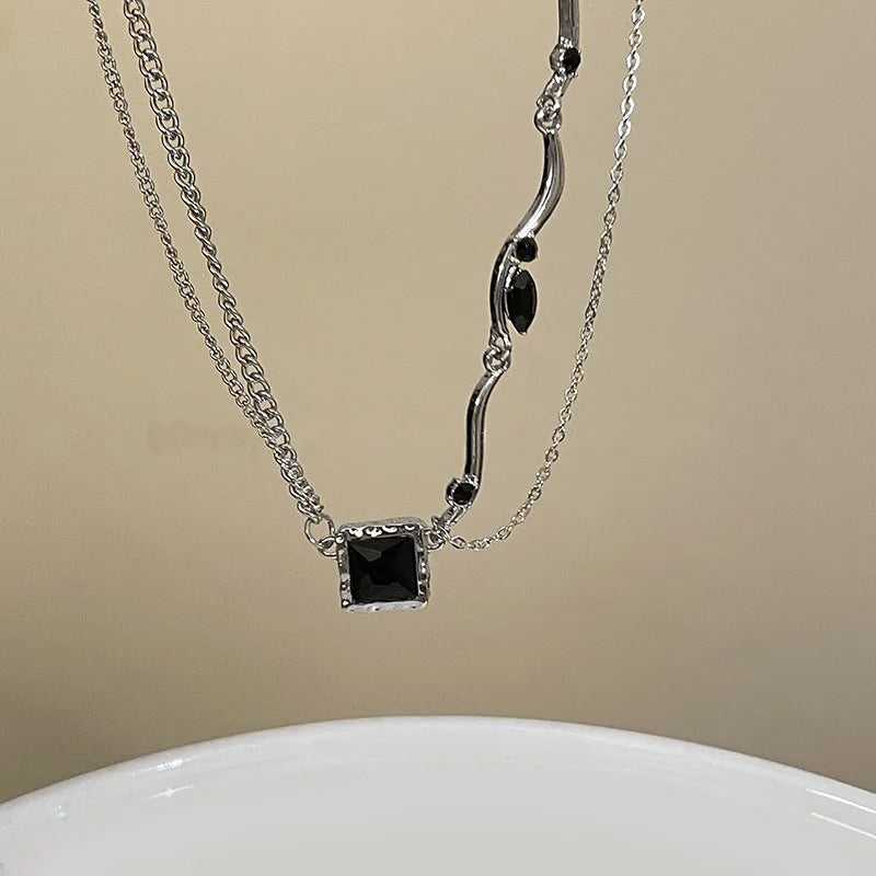 Black Square Pendant Double Layer Necklaces for Women Egirl Trendy Stainless Steel Silver Color Clavicle Chains Necklace Jewelry