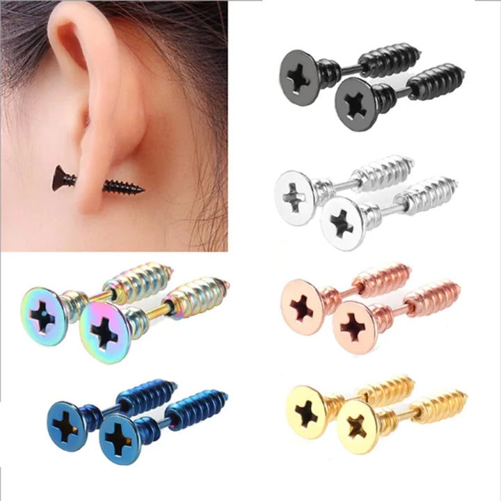 1 Pair of Elegant and Vintage Stainless Steel Punk Screws Stud Earrings-Fashionable for Daily Wear, Suitable for All Seasons