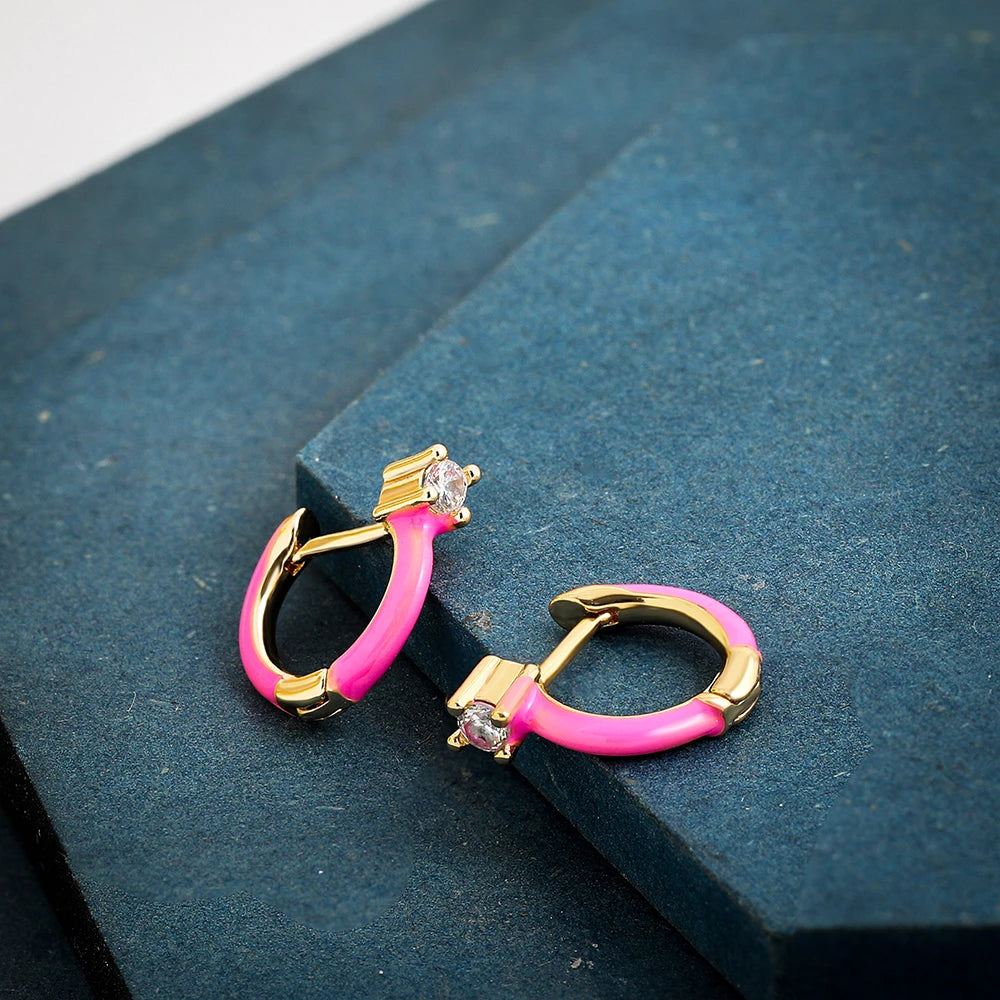 Fashion Colorful Enamel CZ Round Huggie Earrings for Women Trendy Candy Gold Plated Crystal Hoop Earrings Hinged Back Jewelry