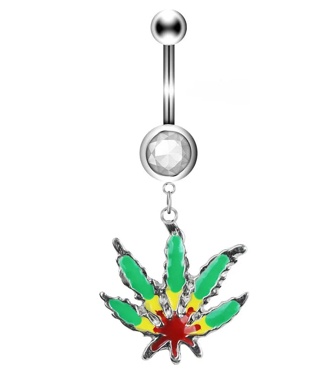 1PC Green Maple Leaf Belly Navel Ring Leaves Weed Dangle Belly Button Piercing Jewelry Surgical Steel Barbell Botton Piercing
