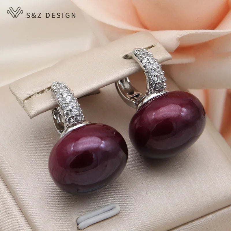 S&Z DESIGN New Fashion Bread Round Big Pearl Dangle Earrings For Women Wedding Jewelry Gift Temperament Cubic Zirconia Eardrop