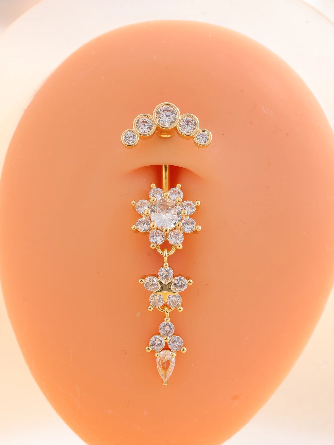 Gold Color Stainless Steel Belly Button Ring Long Dangled Flower CZ Crystal Navel Belly Piercing Rings for Women Sexy Jewelry