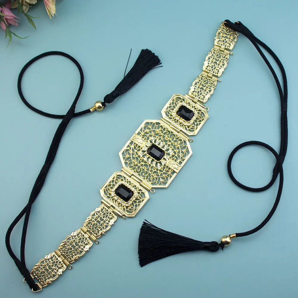 Sunspicems Gold Color Morocco Caftan Belt Hand Rope Chain Tassels Arabic Women Wedding Jewelry Bridal Dress Charm Waist Bijoux