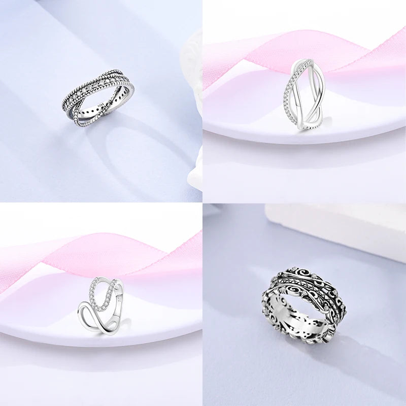 Women's 925 Sterling Silver Geometric Overlapping Zircon Classic Design Rings Anniversary Birthday Engagement Fine Jewelry