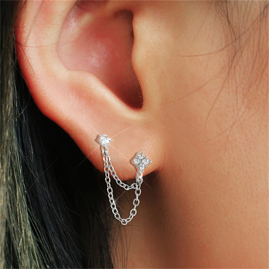 Women's Fashion Double Piercing Tassel Earrings Simple Stylish Design Versatile Drop Earrings with CZ for Ladies Hot Jewelry