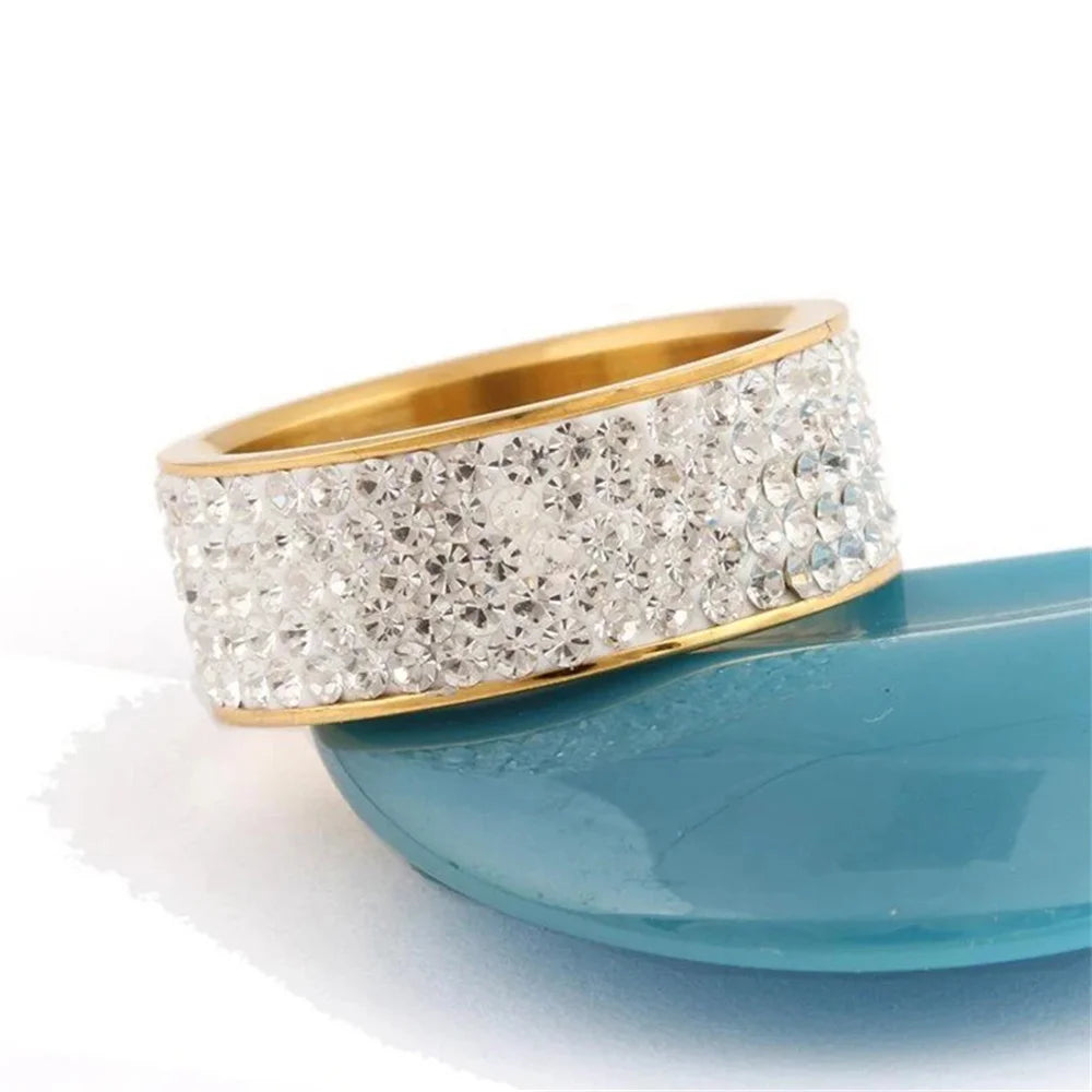 8mm Wide Five Rows Full Rhinestone Shiny Rings Stainless Steel Gold Silver Color Ring For Women Men Hiphop Fashion Party Jewelry