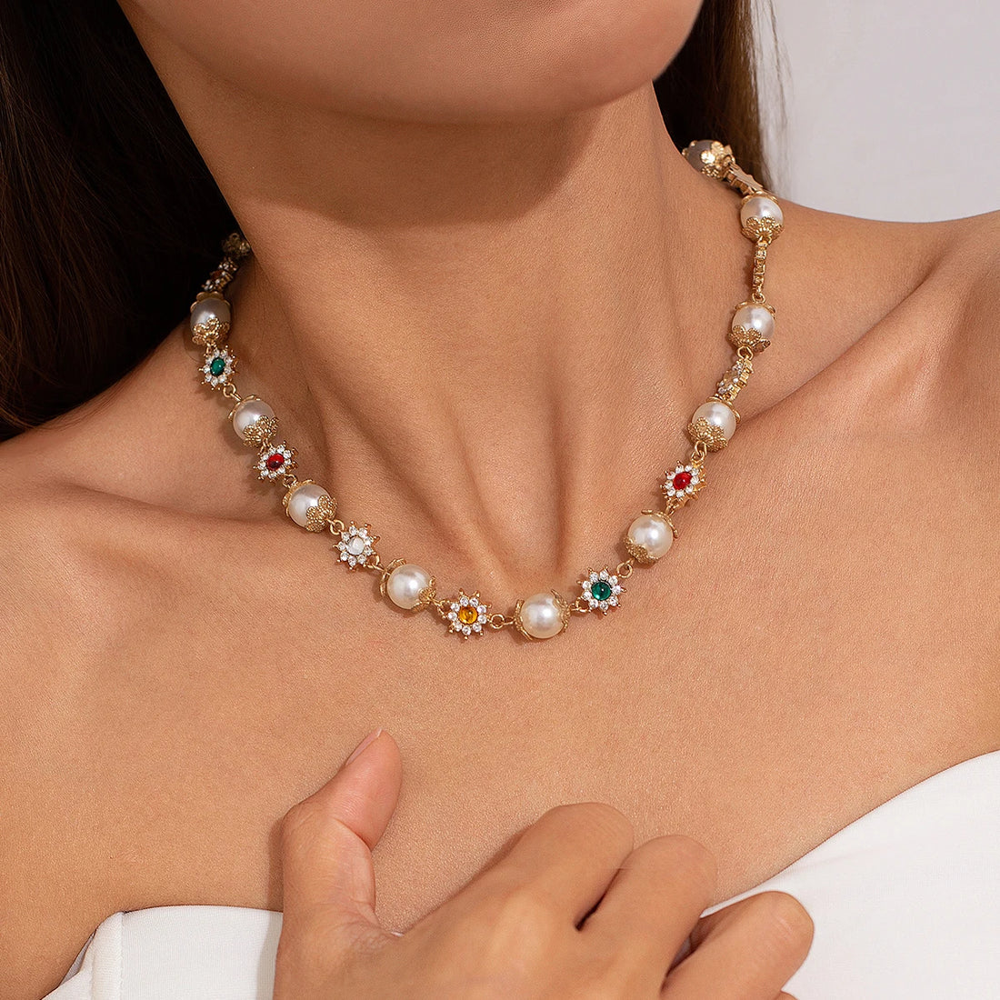 Ingemark Luxury Rhinestone Imitation Pearl Beads Chain Necklace Women Wed Bridal Vintage Jesus Cross Pendant Choker Y2K Jewelry