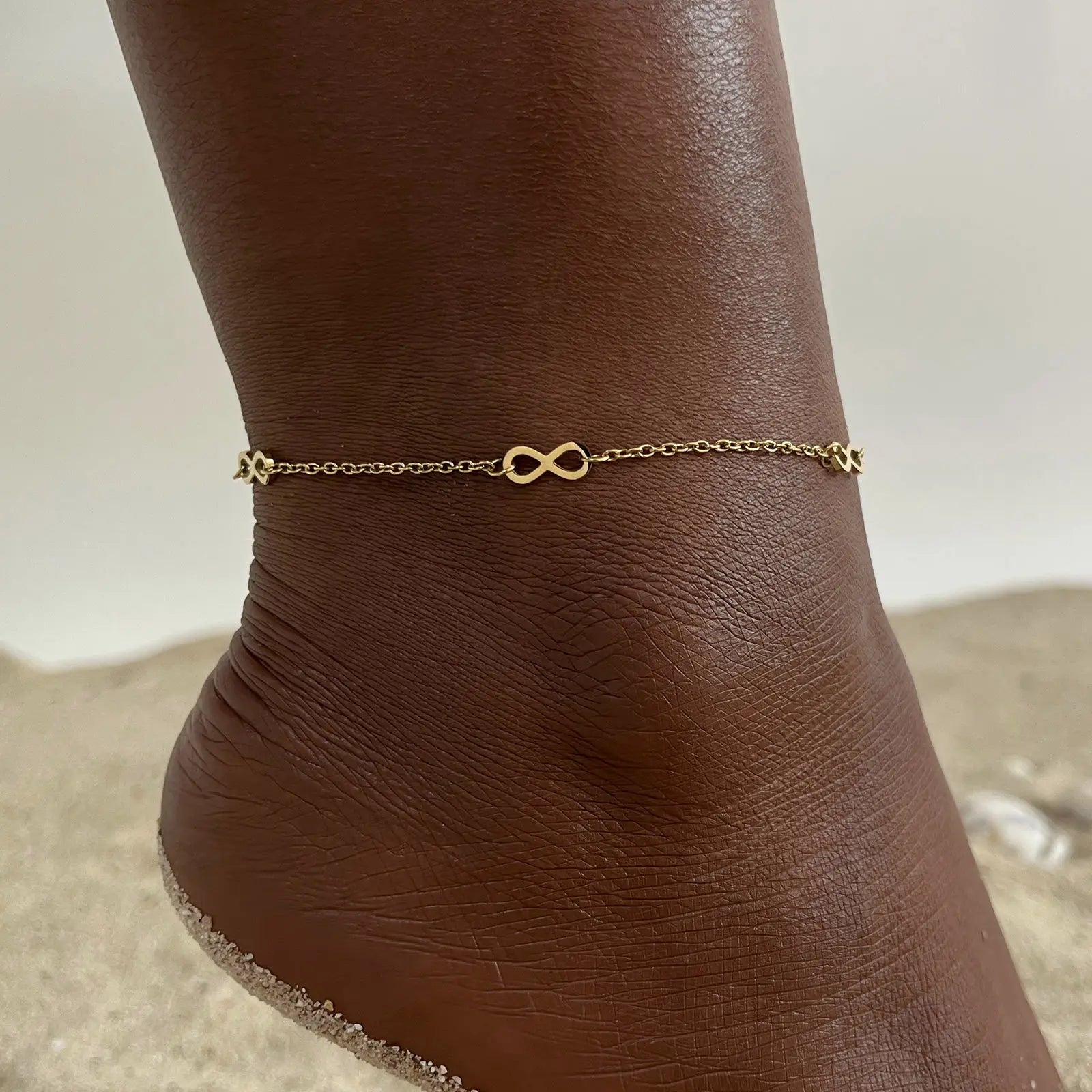 18k Gold Plated Stainless Steel Layered Chain With Beaded  Anklet Bracelet on Leg  for Women