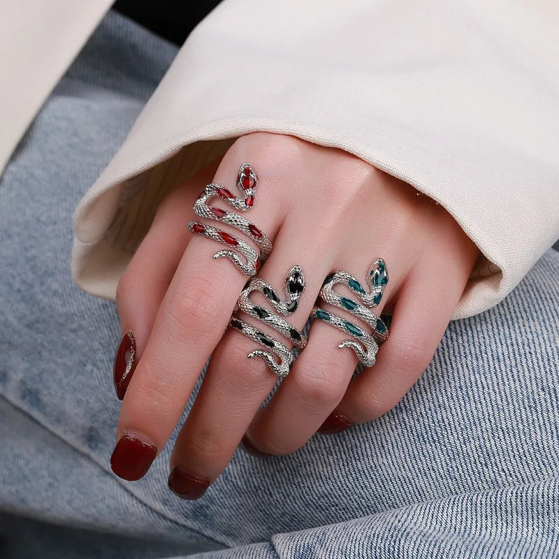 Red Green Black Drop Glaze Punk Snake Rings for Women Men Retro Silver Color Open Adjustable Finger Ring Fashion Gift Wholesale
