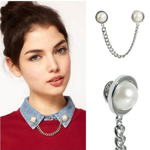 Retro Jewelry Pearl Flower Brooch Ladies Fashion Chain Tassel Personality Shirt Collar Pin Simple Clothing Women Men Accessories