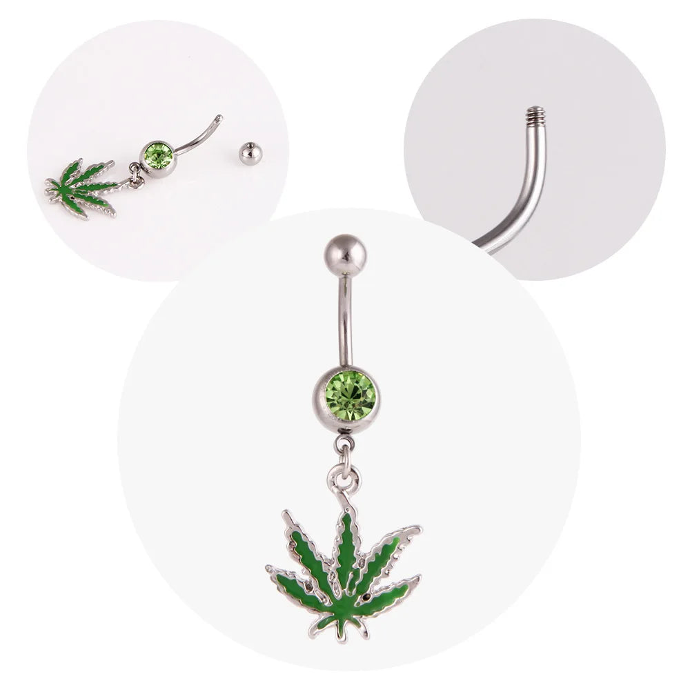 1PC Green Maple Leaf Belly Navel Ring Leaves Weed Dangle Belly Button Piercing Jewelry Surgical Steel Barbell Botton Piercing