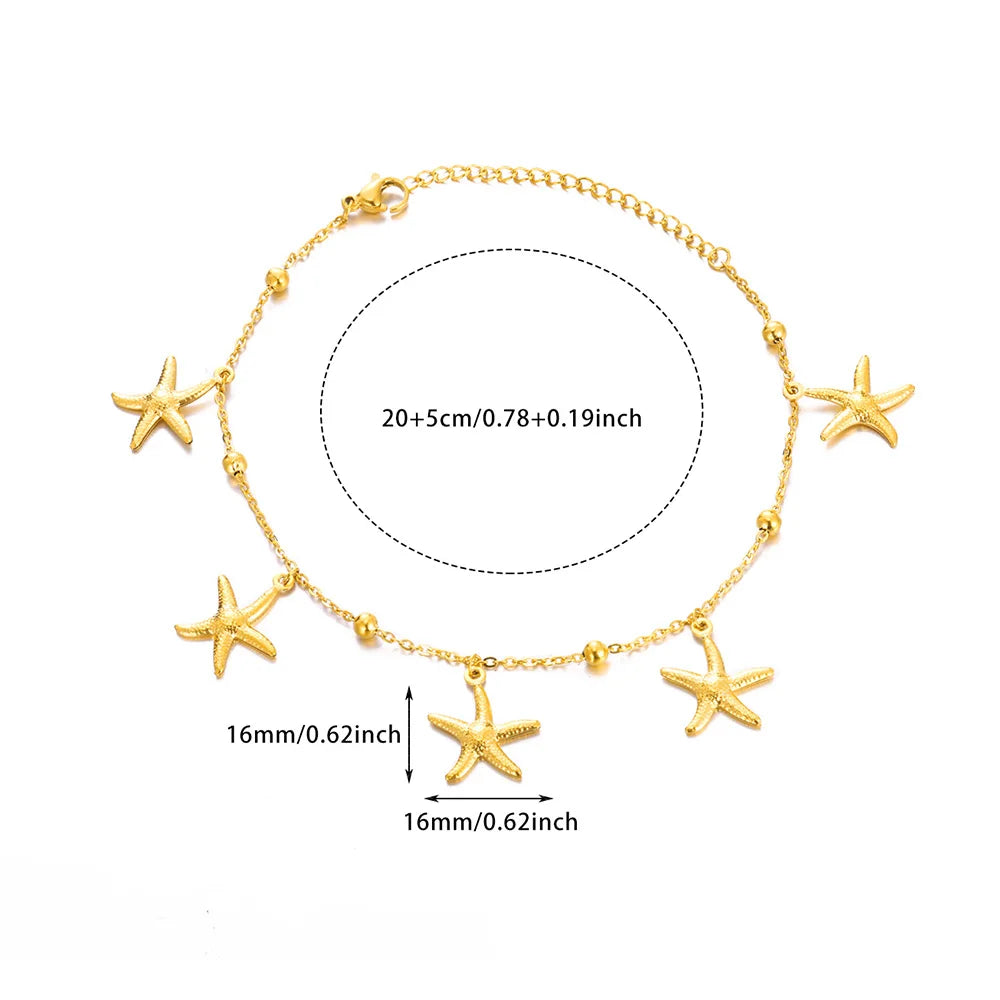 Gold Color Starfish Shell Fish Charm Anklet Link New Bead Chain Stainless Steel Bracelet Women On Foot Summer Waterproof Jewelry