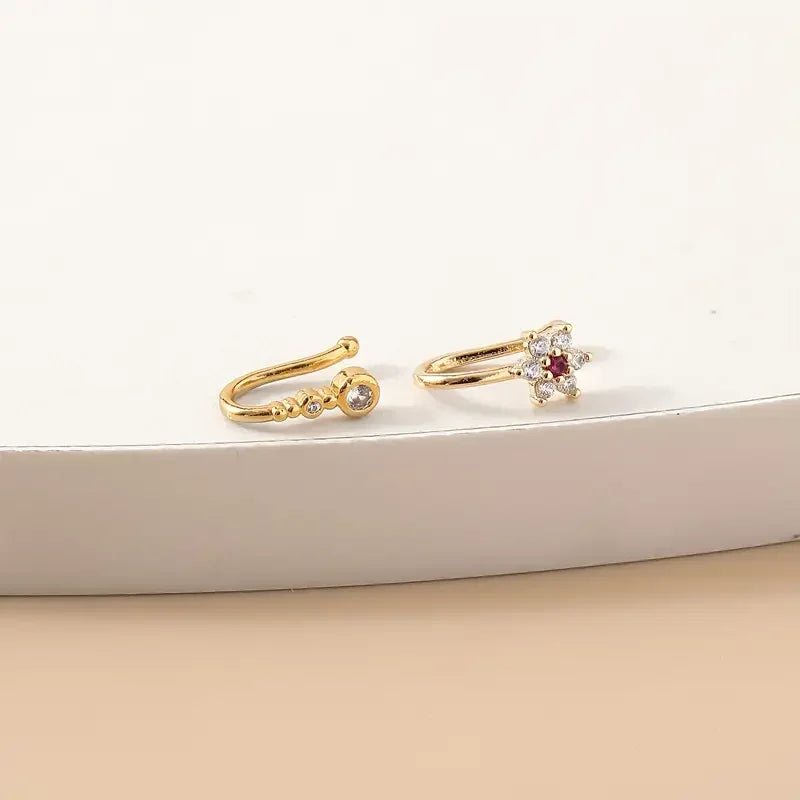 Bohemian Style Adjustable U-shaped Nose Clip with Red Zirconia - No Piercing Required Fake Nose Ring Jewelry