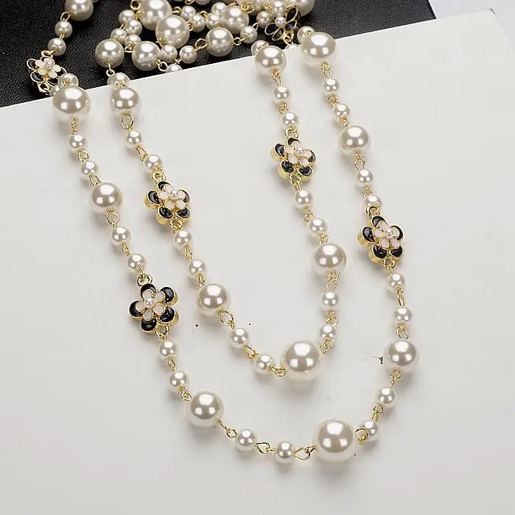 Vintage Lady Camellia Pearls Flower Long Necklace Chain Elegant Double Layers Fashion  Jewelry For Women Party Collares de moda