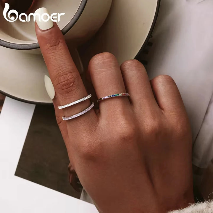 BAMOER 925 Sterling Silver Full pave ring Rainbow CZ Simulated Diamond Stackable Ring Platinum Plated Eternity Bands for Women