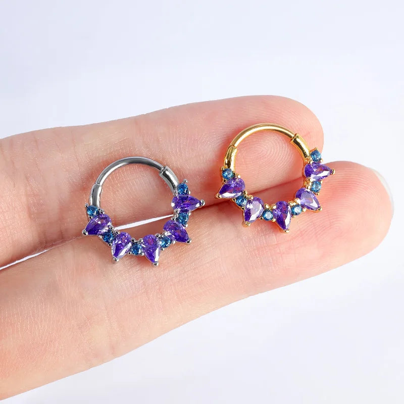 Fashion Gold Color Nose Rings for Women Earrings Surgical Steel Septum Ring Purple Cubic Zirconia Falso Nose Septum Piercing