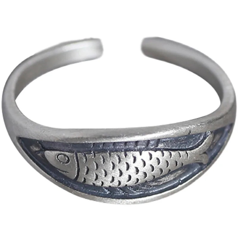 925 Sterling Silver Geometric Unique Fish Retro Rings for Women Bohemian Adjustable Open Vintage Ring For Party Birthday Gift