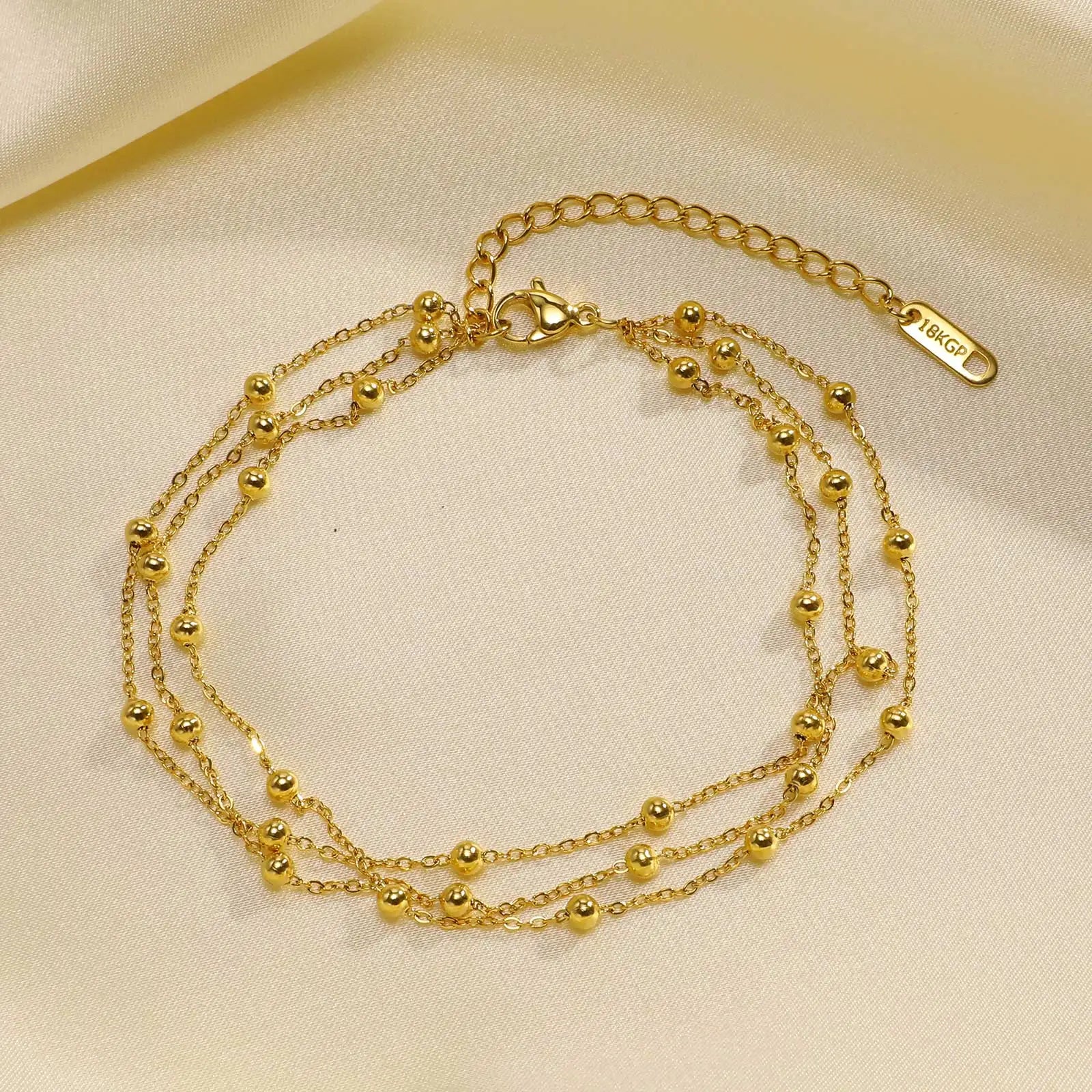 18k Gold Plated Stainless Steel Layered Chain With Beaded  Anklet Bracelet on Leg  for Women
