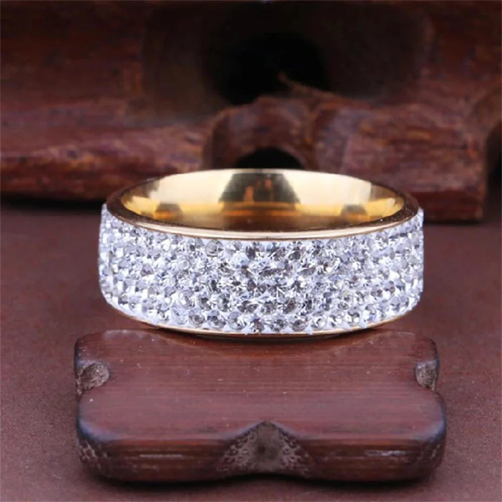 8mm Wide Five Rows Full Rhinestone Shiny Rings Stainless Steel Gold Silver Color Ring For Women Men Hiphop Fashion Party Jewelry