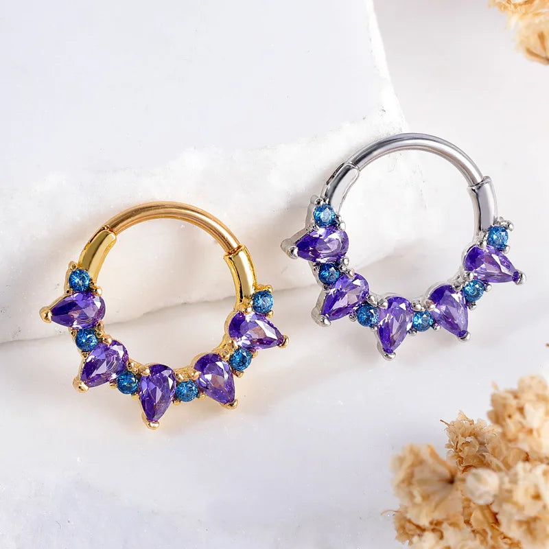 Fashion Gold Color Nose Rings for Women Earrings Surgical Steel Septum Ring Purple Cubic Zirconia Falso Nose Septum Piercing