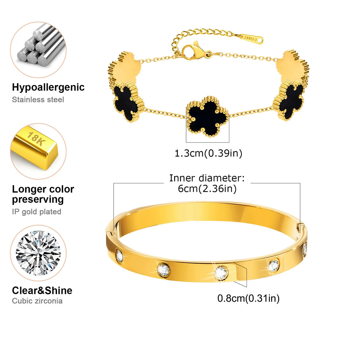 Vnox Exquisite 13mm Clover Bracelet Set for Women, Love Gift Bracelets for Wife Mothers Day Jewelry, Stainless Steel Cuff Bangle