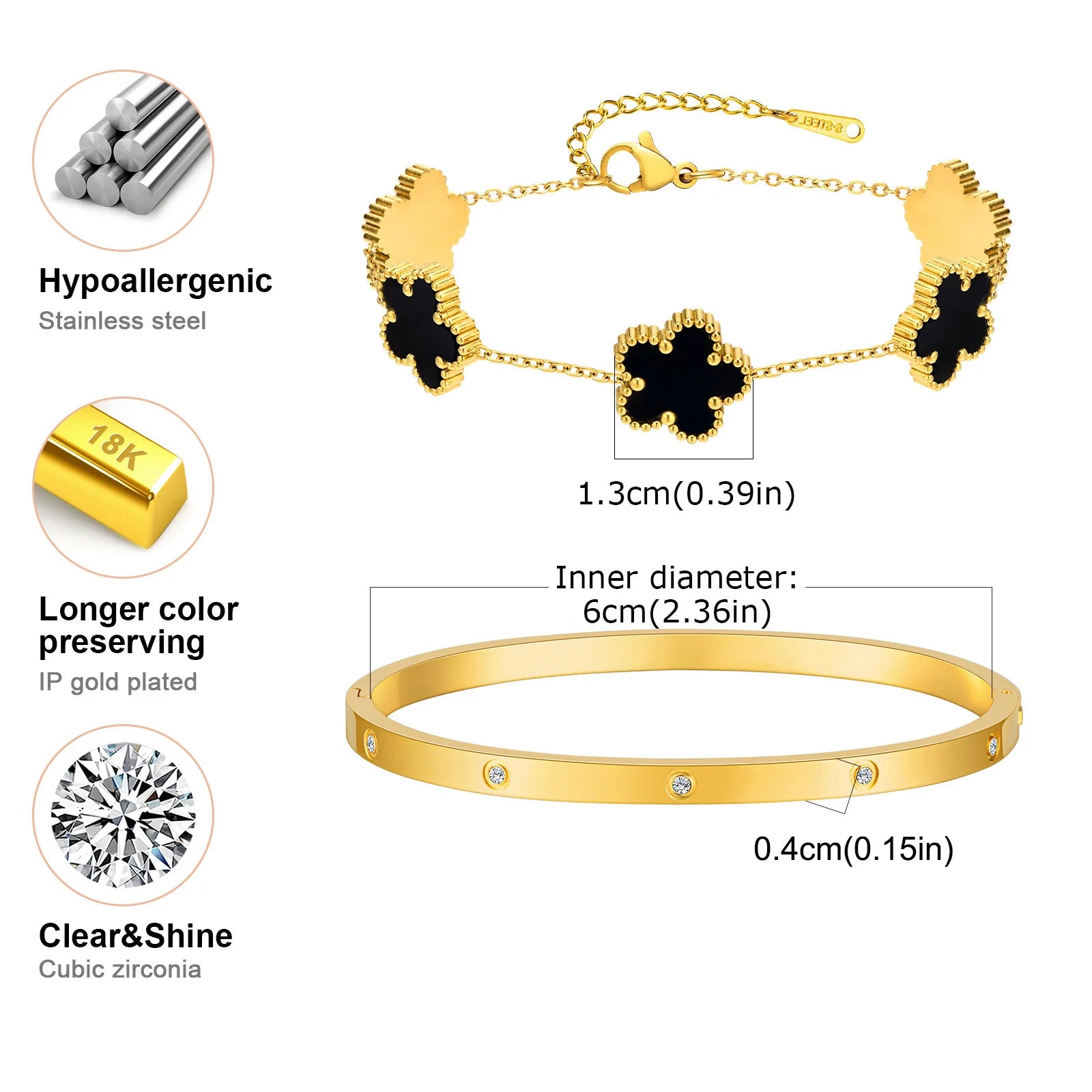 Vnox Exquisite 13mm Clover Bracelet Set for Women, Love Gift Bracelets for Wife Mothers Day Jewelry, Stainless Steel Cuff Bangle