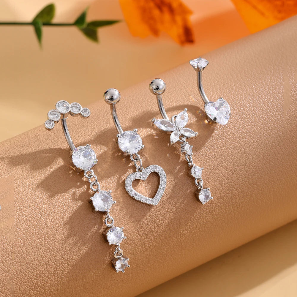 3-5pcs/Lot Belly Button Ring Sets Heart Butterfly Flower Dangled Belly Piercing Nombril 14G Curved Navel Rings Jewelry for Women