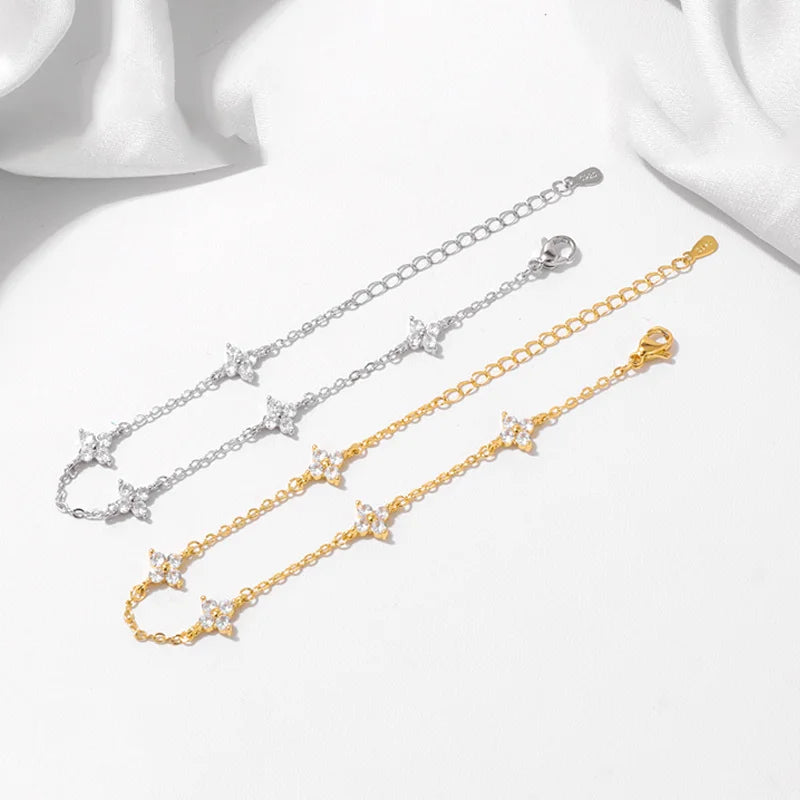 925 Silver Plated Cz Four-leaf Flower Bracelet for Women Girl Cute Dainty Adjustable Link Chain Bracelet Trend 18k Gold Jewelry