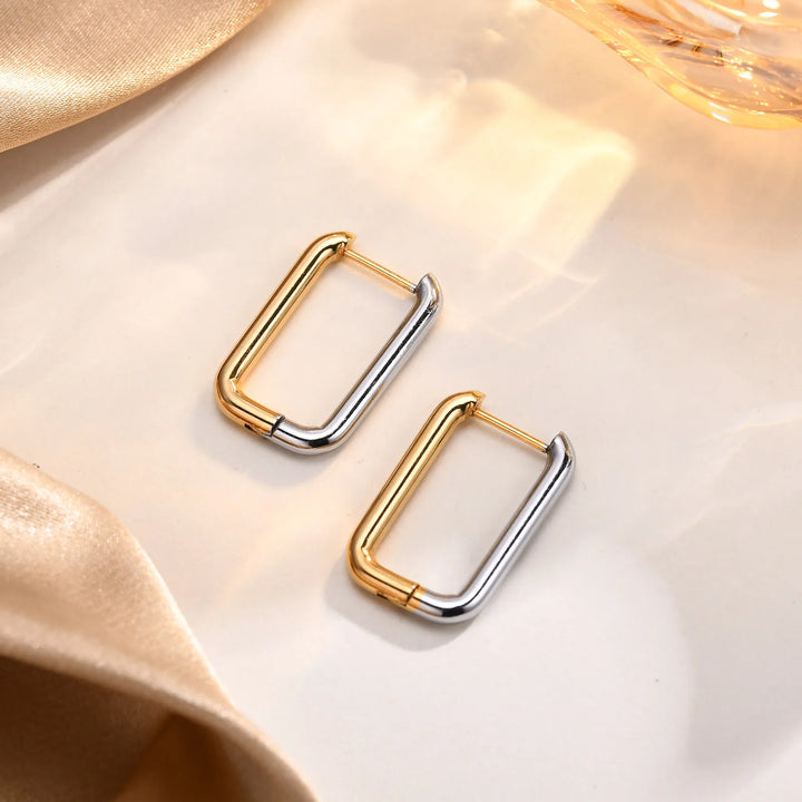 Trendy 2 Tones Minimalist Stainless Steel Hoop Earrings for Women, Gold Color Star Square Heart Huggies Ear Jewelry Accessory