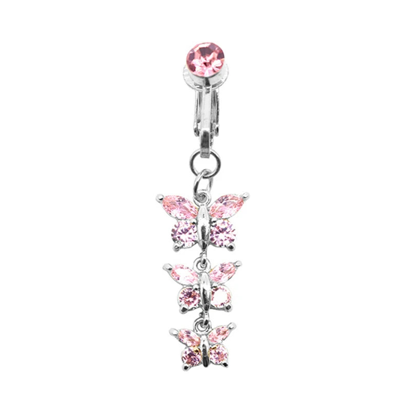 Faux Fake Belly Piercing Butterfly Leaves Dangling Long Fake Belly Button Pircing Clip On Umbilical Navel Cartilage Earring Clip
