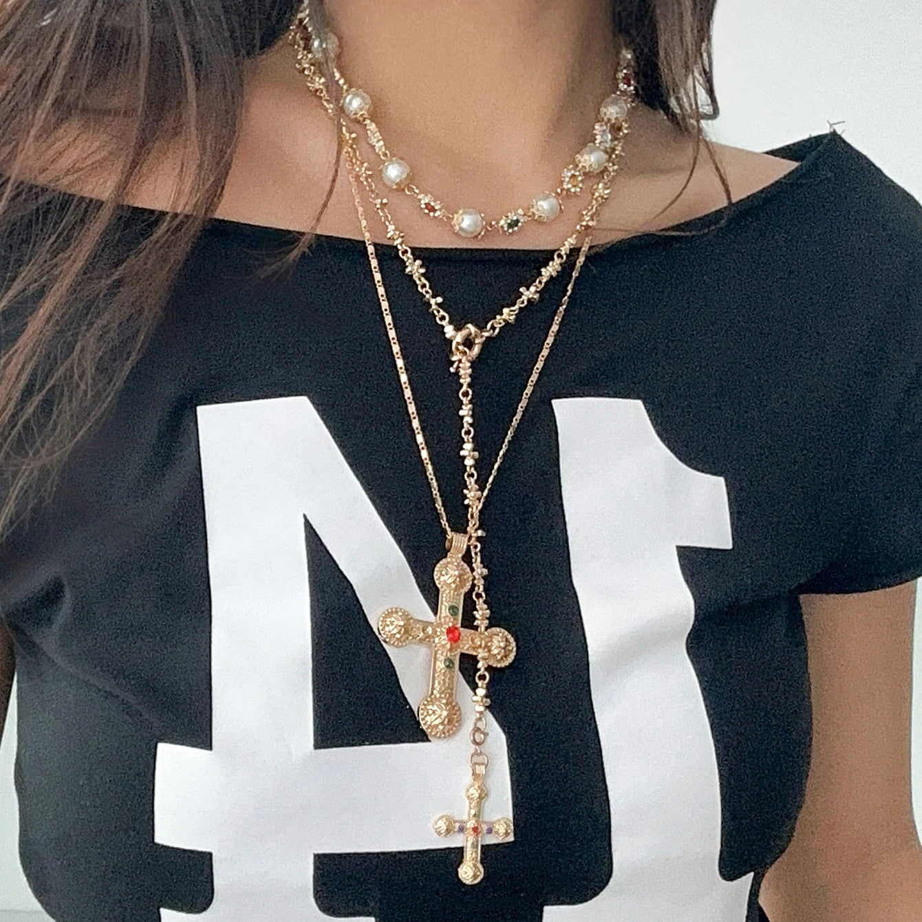 Ingemark Luxury Rhinestone Imitation Pearl Beads Chain Necklace Women Wed Bridal Vintage Jesus Cross Pendant Choker Y2K Jewelry