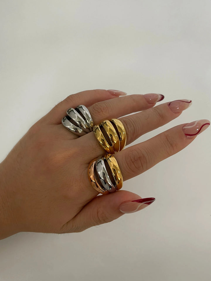Peri'sbox Stainless Steel 18K Gold Silver Plated 3 Splicing Color Chunky Dome Ring Multi-Layer Hollow Rings for Women Men Unisex