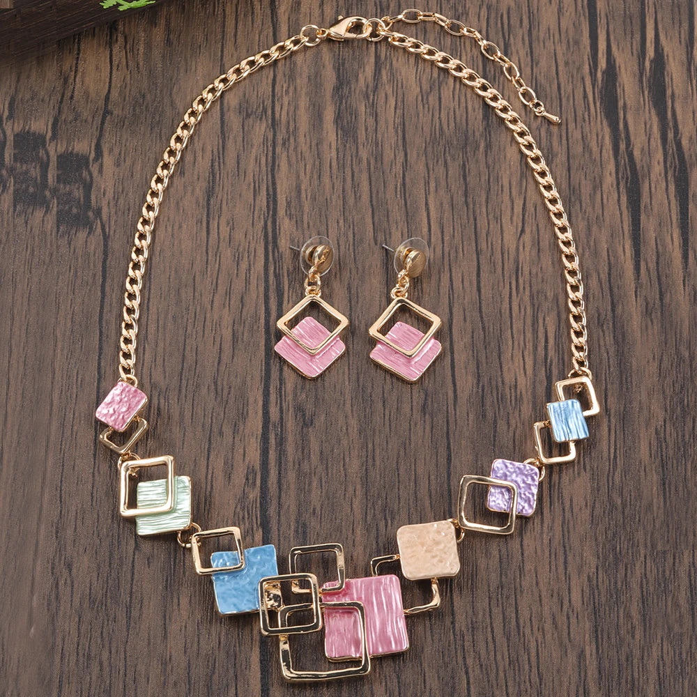 Fashion Simple Drip Oil Geometric Jewelry Sets for Women Accessories New Trendy Necklace and Earrings Set Daily Party Prom Gift