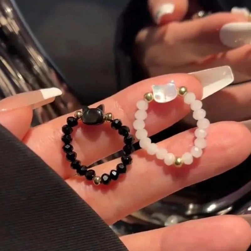 1pcs Natural Moonstone Obsidian Rings Beads Minimalist Fidget Ring Cute Black White Cat Ring Women Men Party Accessories Jewelry